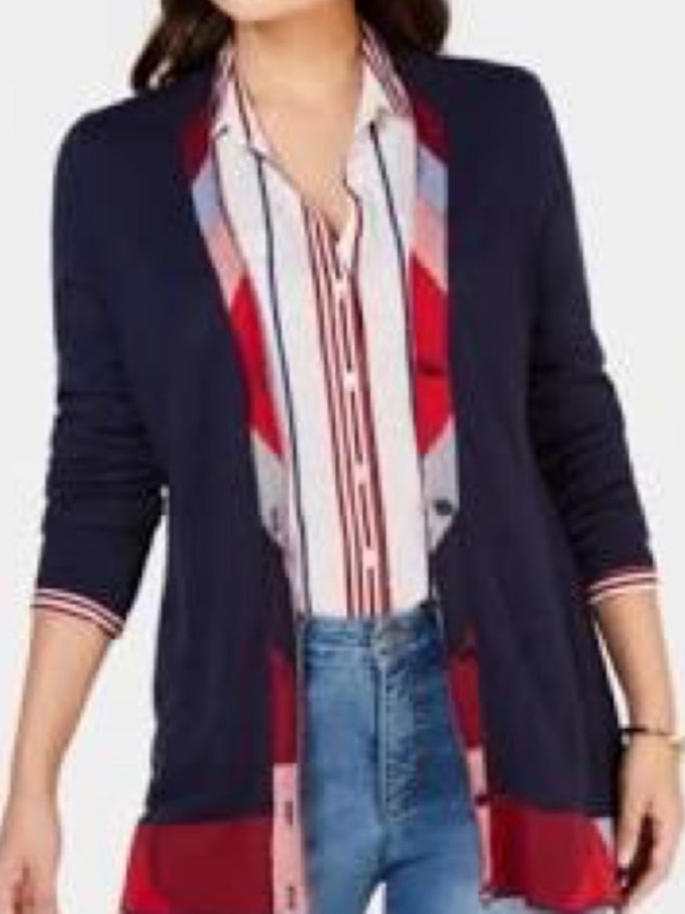 Charter Club Navy Fresh Twist Cardigan with Red Trim